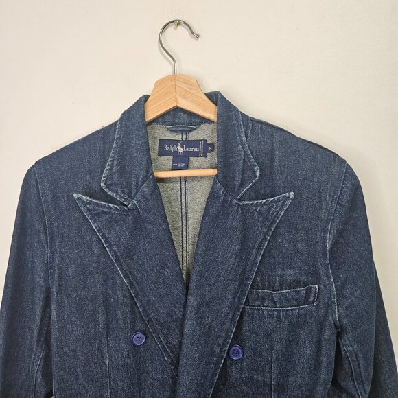 VTG 80s Ralph Lauren Blue Label Double Breasted Denim Blazer Jacket M - Picture 2 of 15